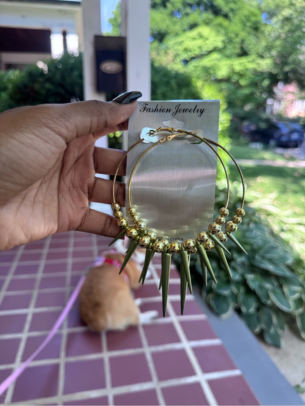 Fashion Jewelry Gold Hoop Earrings with Olive Green Spike Pendants
